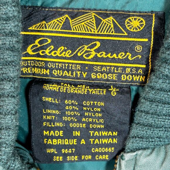 VINTAGE Eddie Bauer Jacket Mens L Tall Goose Down Flight Bomber Puffer 70s Green - Picture 2 of 14